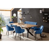thumbnail of SalesFever 6-tlg. Akazie-Essgruppe 240x110 cm | Platte 35 mm Akazie | Metallgestelle | 4 Stühle & 1 Bank in Samt-Optik | natur – schwarz – blau