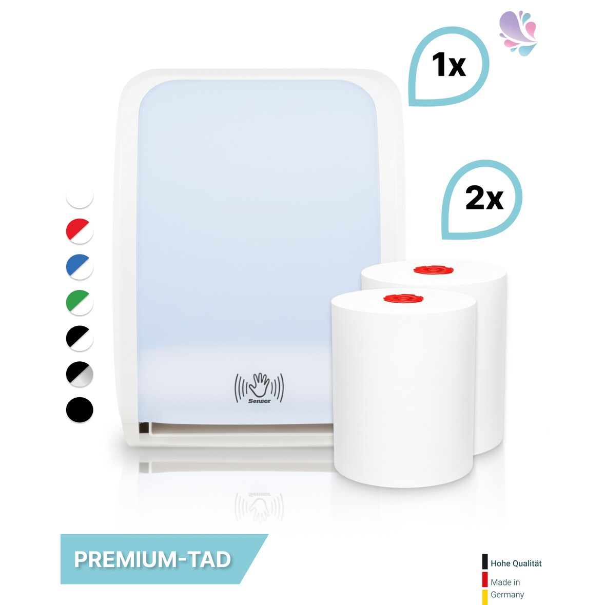 SET: Handtuchrollenspender SENSOR, berührungslos, Blanc Cosmos verschied. Farben + 2 Handtuchrollen PREMIUM TAD - PRODUKTSET