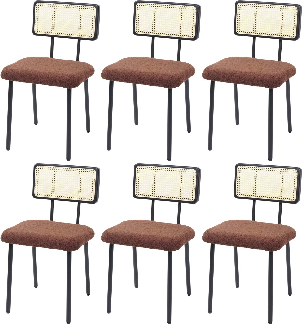 6er-Set Esszimmerstuhl HWC-K88, Lehnstuhl Stuhl, Holz Poly-Rattan Metall Bouclé ~ Stoff/Textil braun