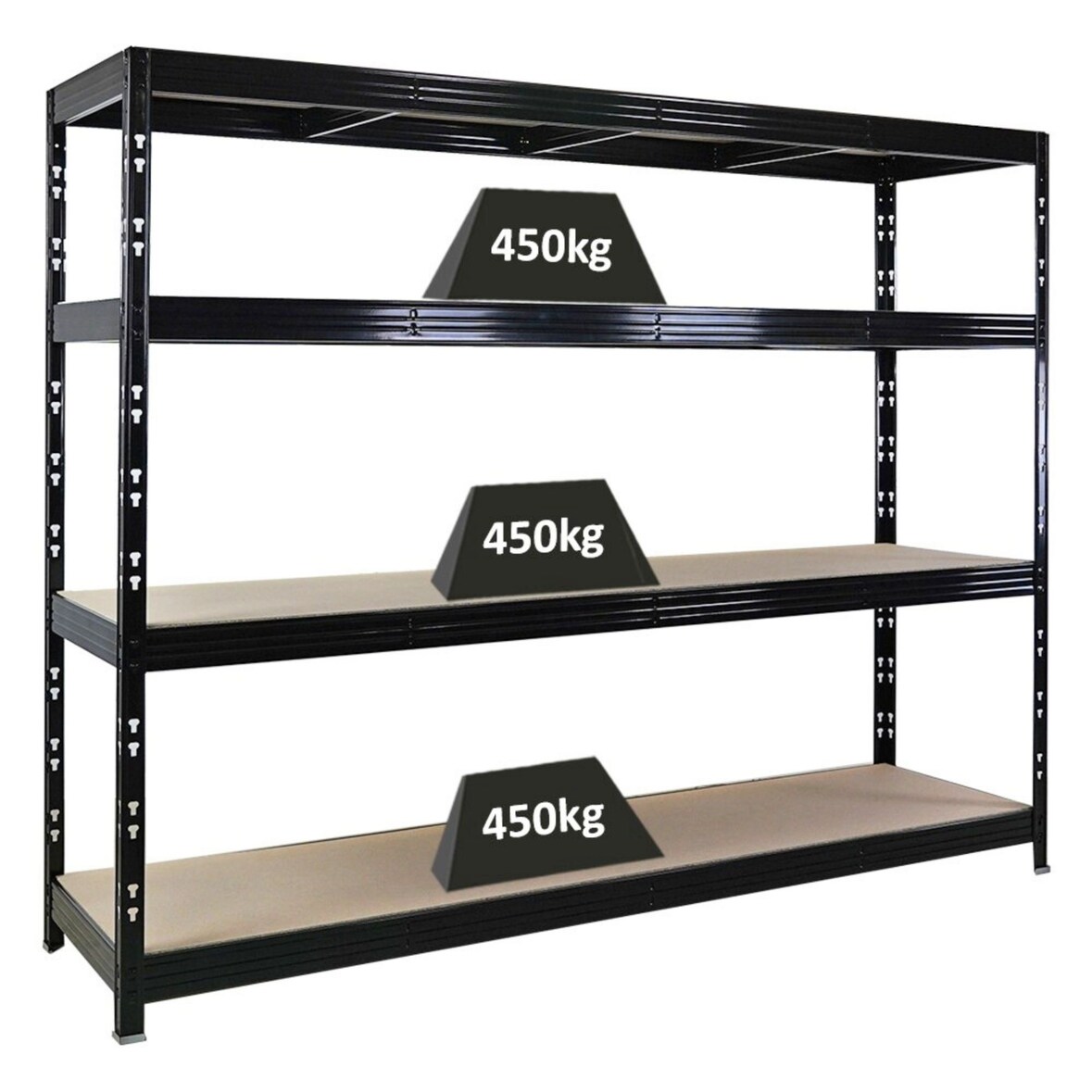 Profi Schwerlastregal Rhino | HxBxT 180x240x60cm | 4 Spanplatten-Ebenen 8mm | Fachlast 450kg | Schwarz