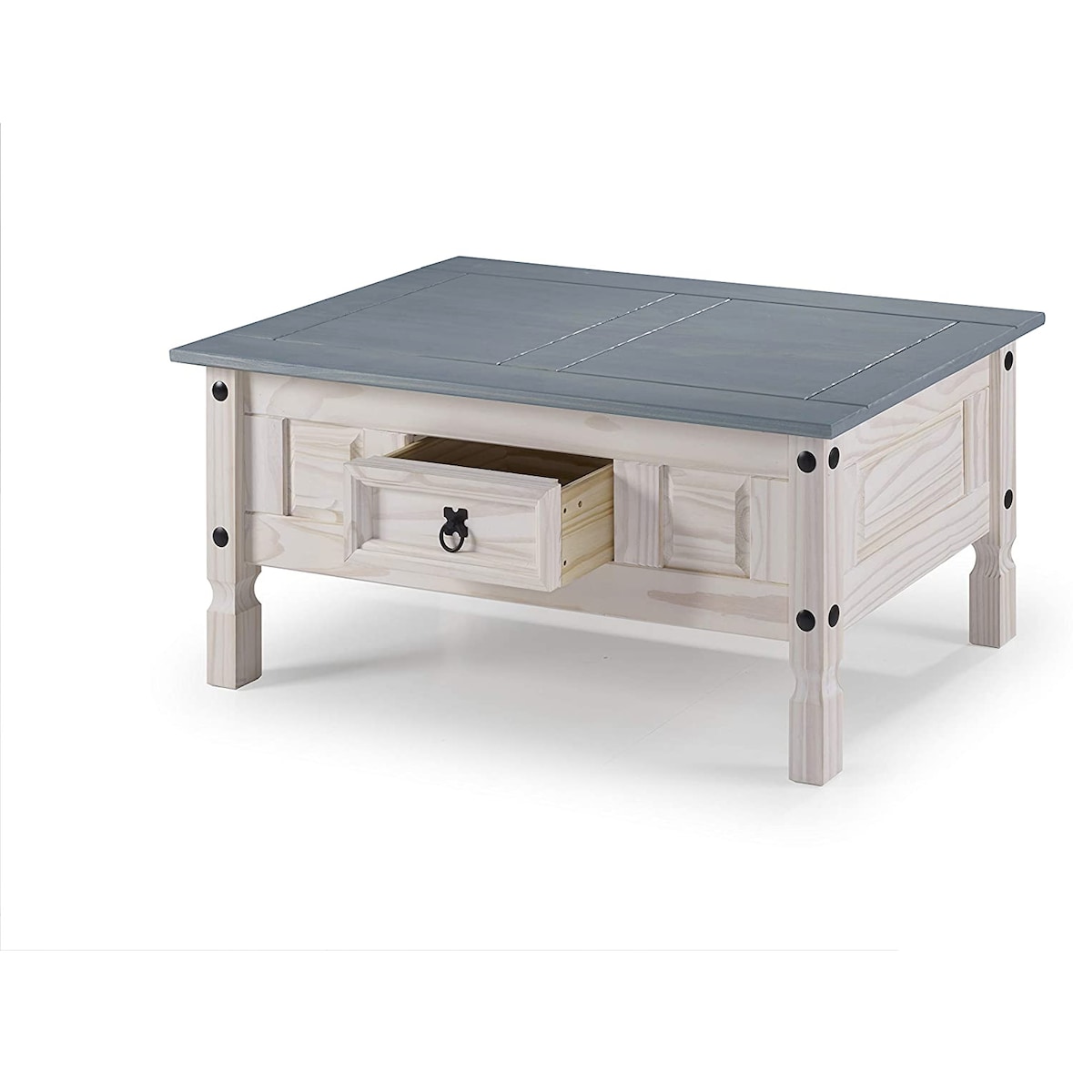 Couchtisch 100 x 60 cm mit Schublade Pinienholz weiß grau lasiert MEXICO