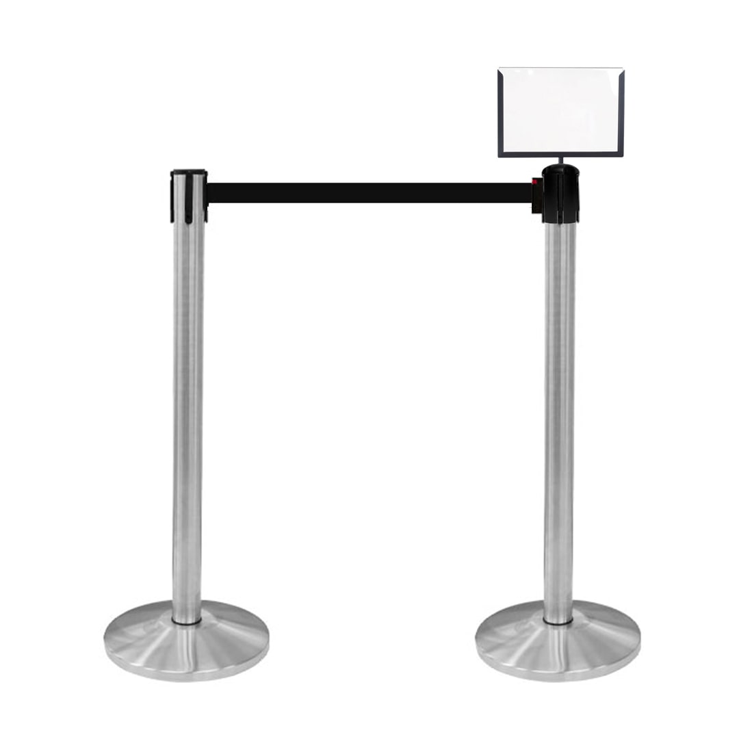 Danieli Store | Postes separadores de acero con cinta extensible hasta 3 mt | Columna con cinta separadora negra y avisos horizontal A4