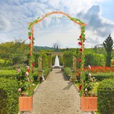 thumbnail of Relaxdays Holz-Rosenbogen, dekorativer Gartenbogen, 2 Pflanzkübel, wetterfestes Rankgitter, 209 x 181 x 60 cm, orange