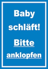 thumbnail of Das Baby schläft Bitte anklopfen Schild mit Text hochkant blau-weiss A4 Rückseite selbstklebend