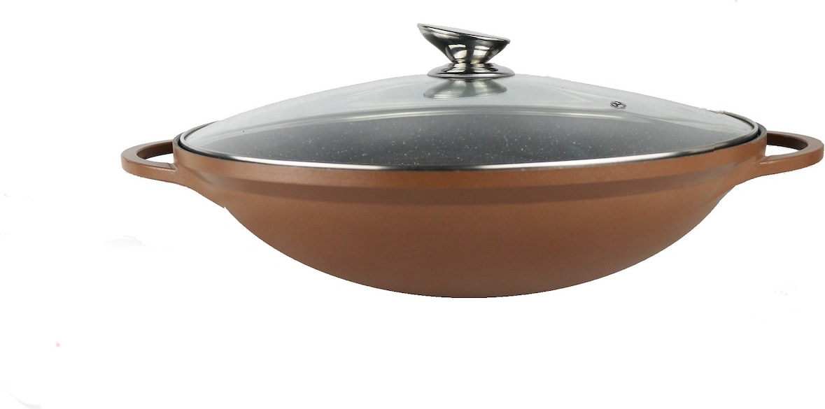 WOK Wokpfanne Silikongriffe Induktion 36cm Aluguss + Deckel Bratpfanne Marmorbeschichtung Hellbraun