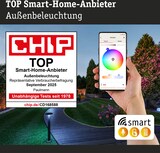 Une main tient un smartphone affichant les commandes d'éclairage extérieur.