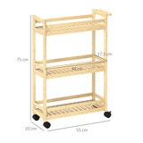 thumbnail of Servierwagen Bambus Naturholz 55x20x75 cm mit 3 Ablagen Lamellenregalen Griff und 4 Rollen 2 Feststellbremsen platzsparend lackiert