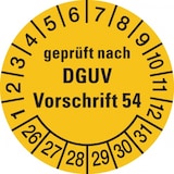 thumbnail of Prüfplakette ab 26, geprüft nach DGUV Vorschrift 54, gelb/schwarz, Folie, Ø 30mm - Bogen = 10 Plaketten - 30 mm Folie selbstklebend