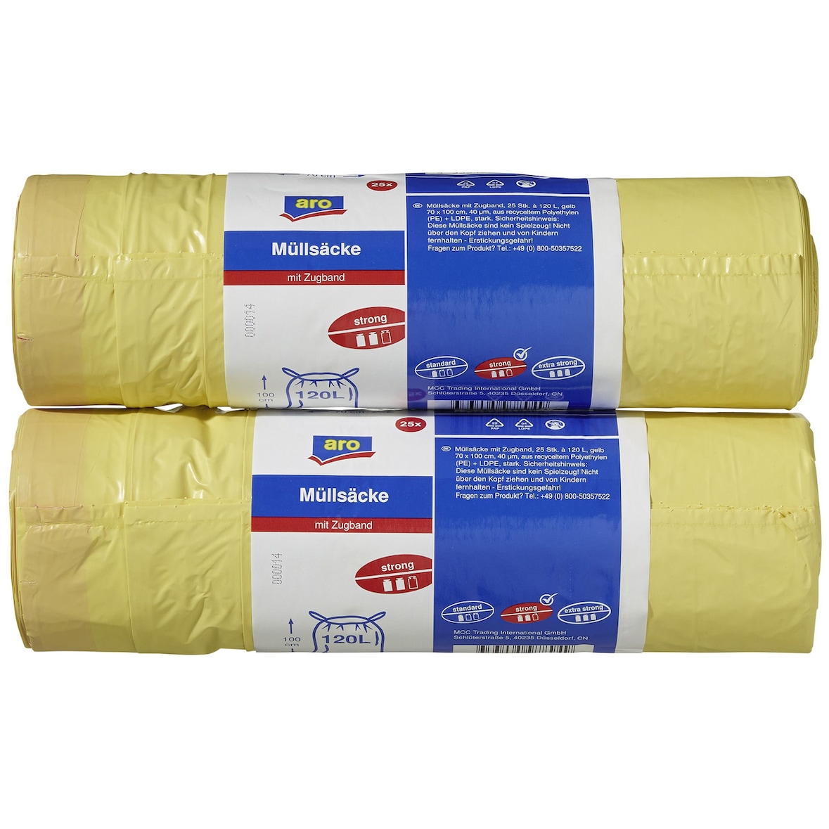aro Sacchetti per rifiuti, HDPE/LDPE, 40 µm, 70 x 110 cm, 120 L, giallo, 2 rotoli x 25 unità (50 unità)