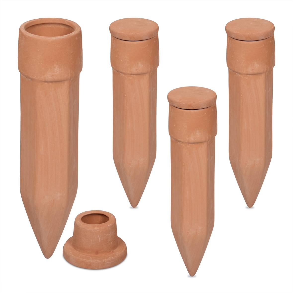 Relaxdays Tonkegel Bewässerung, 4er Set, Bewässerungshilfe mit Deckel, für 1,5 l Flaschen, Pflanzengießhilfe, terrakotta