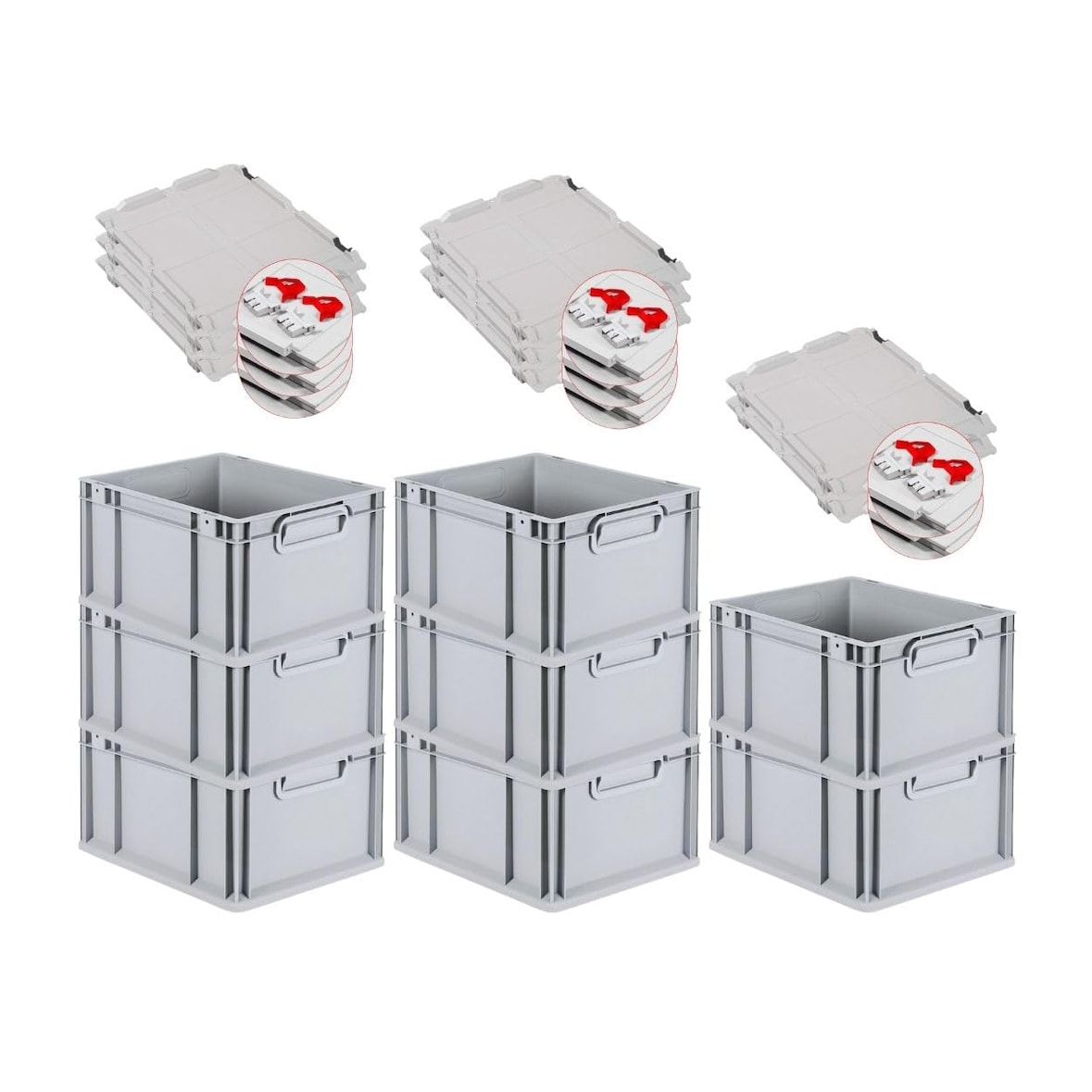 PROREGAL SuperSparSet 8x Eurobox NextGen Economy mit Scharnierdeckel & roten Verschlüssen, Griffe zu, HxBxT 22x30x40cm, 20L, Eurobehälter, Box
