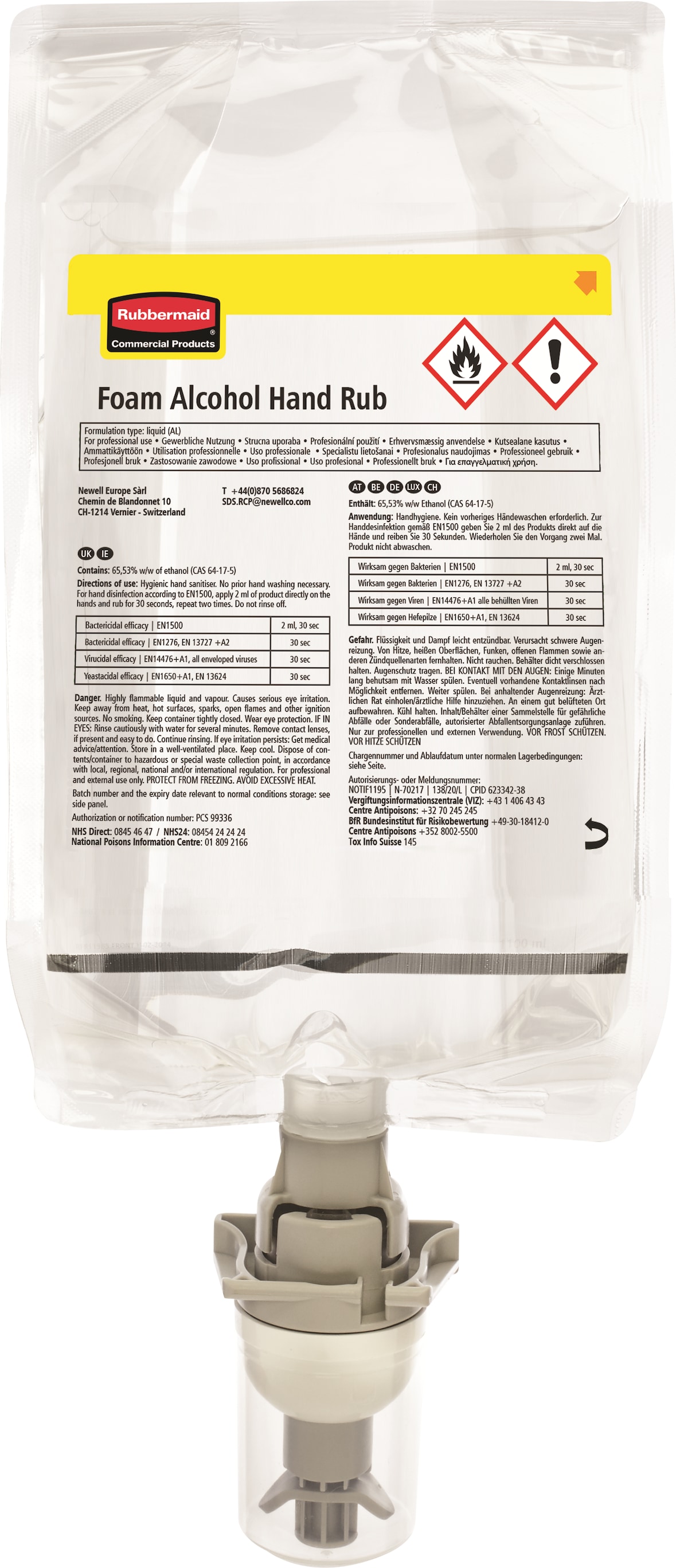 Rubbermaid Autofoam Desinfektionsschaum mit Alkohol 500ML Nachfüllpackungen - Karton mit 5 Stück