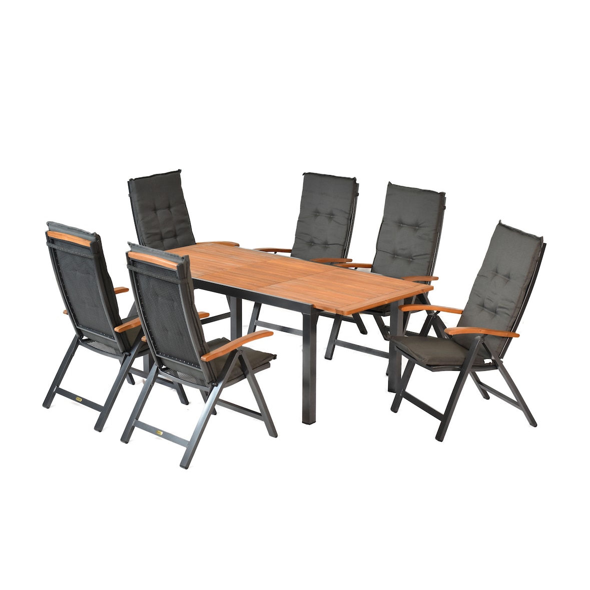 Merxx Tilos Set 13tlg., 6 Klappsessel, 6 Auflagen, 1 AZ-Tisch 150(200) x 90 cm, Aluminium/Akazie