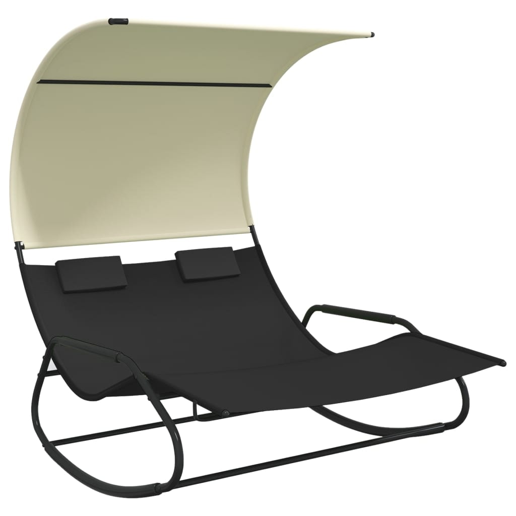 Helloshop26 - Transat chaise longue bain de soleil lit de jardin terrasse meuble d'extérieur double à bascule avec auvent noir et 02_0012766