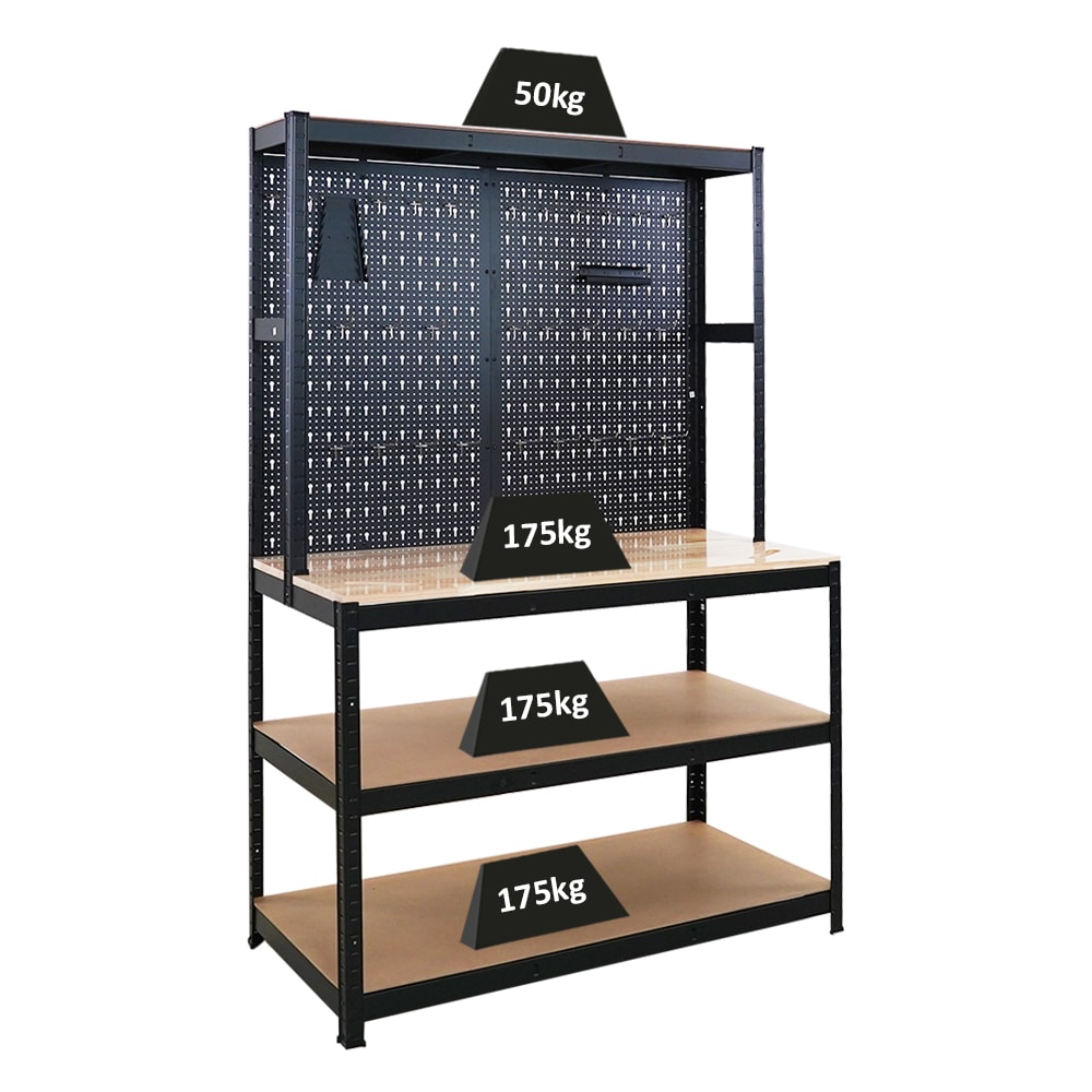 Profi Werkbank GIANT BEAST mit Lochwand | HxBxT 180x120x60cm | Fachlast 175kg | Schwarz