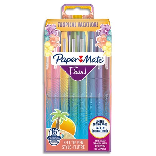 Etui de 16 stylos feutre Flair Original, pointe M 0,8 mm, encres 16 coul. tropical