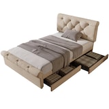 thumbnail of Polsterbett 90x200 cm mit Stauraum, 2 Schubladen und höhenverstellbarem Kopfteil – Chesterfield-Design in Natur