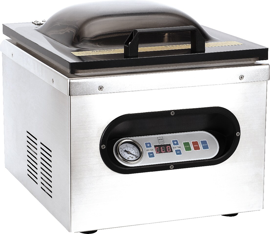 Una macchina sottovuoto con display digitale e manometro.