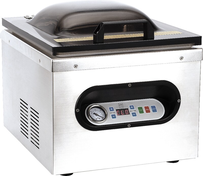 Una macchina sottovuoto con display digitale e manometro.