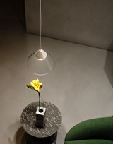 Eine Lampe hängt über einer Blume in einer Vase.