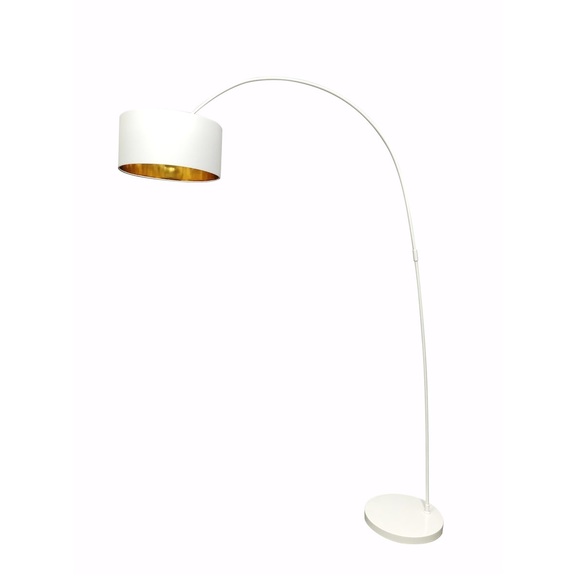 SalesFever Bogenlampe | 1-flammig | Lampenschirm Stoff | Gestell Metall | B 135 x T 38 x H 201 cm | Weiß-Goldfarben