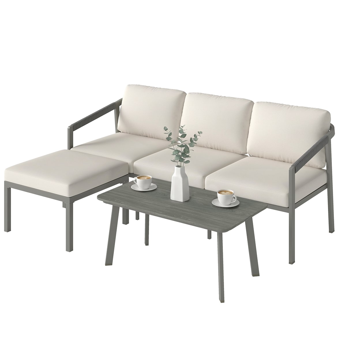 3-teiliges Gartenmöbel-Set für den Außenbereich mit 3-Sitzer-Sofa, Fußhocker, Couchtisch und Kissen in Braun und Beige