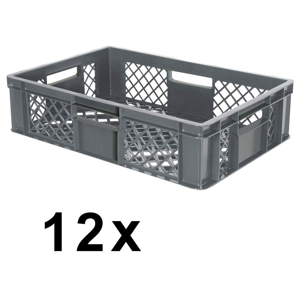 12x Eurobehälter durchbrochen/Stapelkorb, PE-HD grau, Industriequalität, lebensmittelecht, LxBxH 600 x 400 x 150 mm