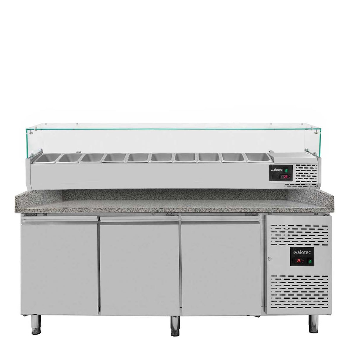 Mesa refrigerada para pizza, 3 puertas, acero inoxidable, mármol gris, 580 L, interior EN 60 x 40 cm, vitrina de ingredientes GN 1/4, Vaiotec 11259