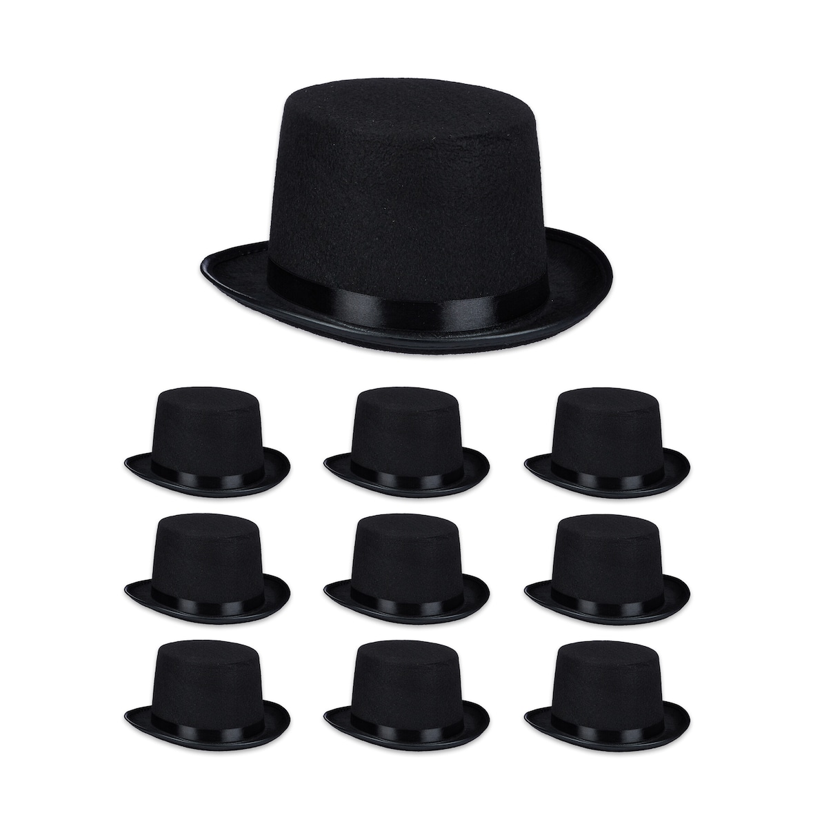 Relaxdays Zylinder Hut 10er Set, Zauberhut Damen & Herren, Kopfumfang 58 cm, Kostümzylinder Halloween, Karneval, schwarz