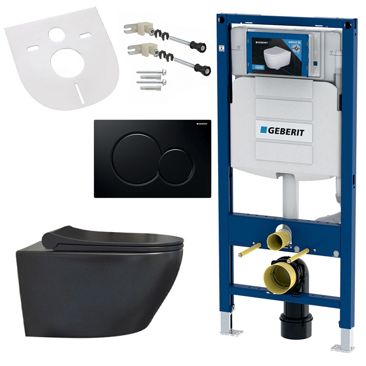 Spülrandloses Hänge-WC mit Softclose Sitz, Schallschutz und schwarzer Betätigungsplatte passend für Geberit Vorwandelement