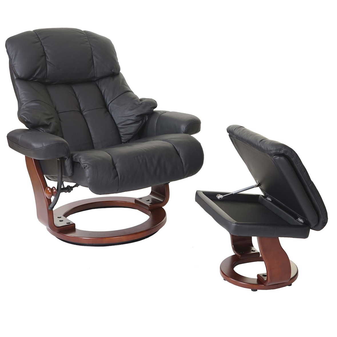 MCA Relaxsessel Calgary XXL, TV-Sessel Hocker, Echtleder 180kg belastbar ~ schwarz, Walnuss-Optik
