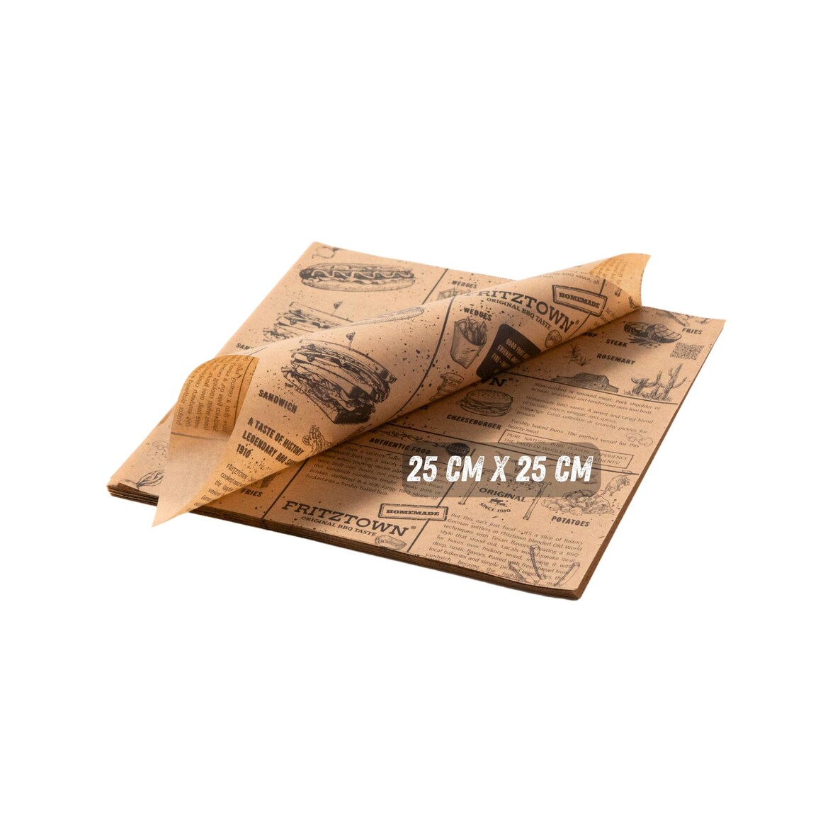 FRITZTOWN® Deli Paper 25x25 cm Braun – 2000 Blatt | Fettabweisendes Einschlagpapier | Für Burger, BBQ, Sandwiches & Street Food geeignet