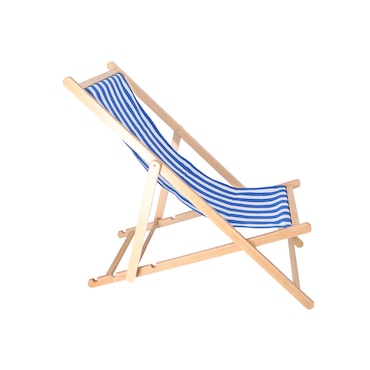 Aranaz- Hamaca madera de haya barnizada sin brazos lona rayas azul-crudo. Dimensiones: 60 x 130 x 107 cm