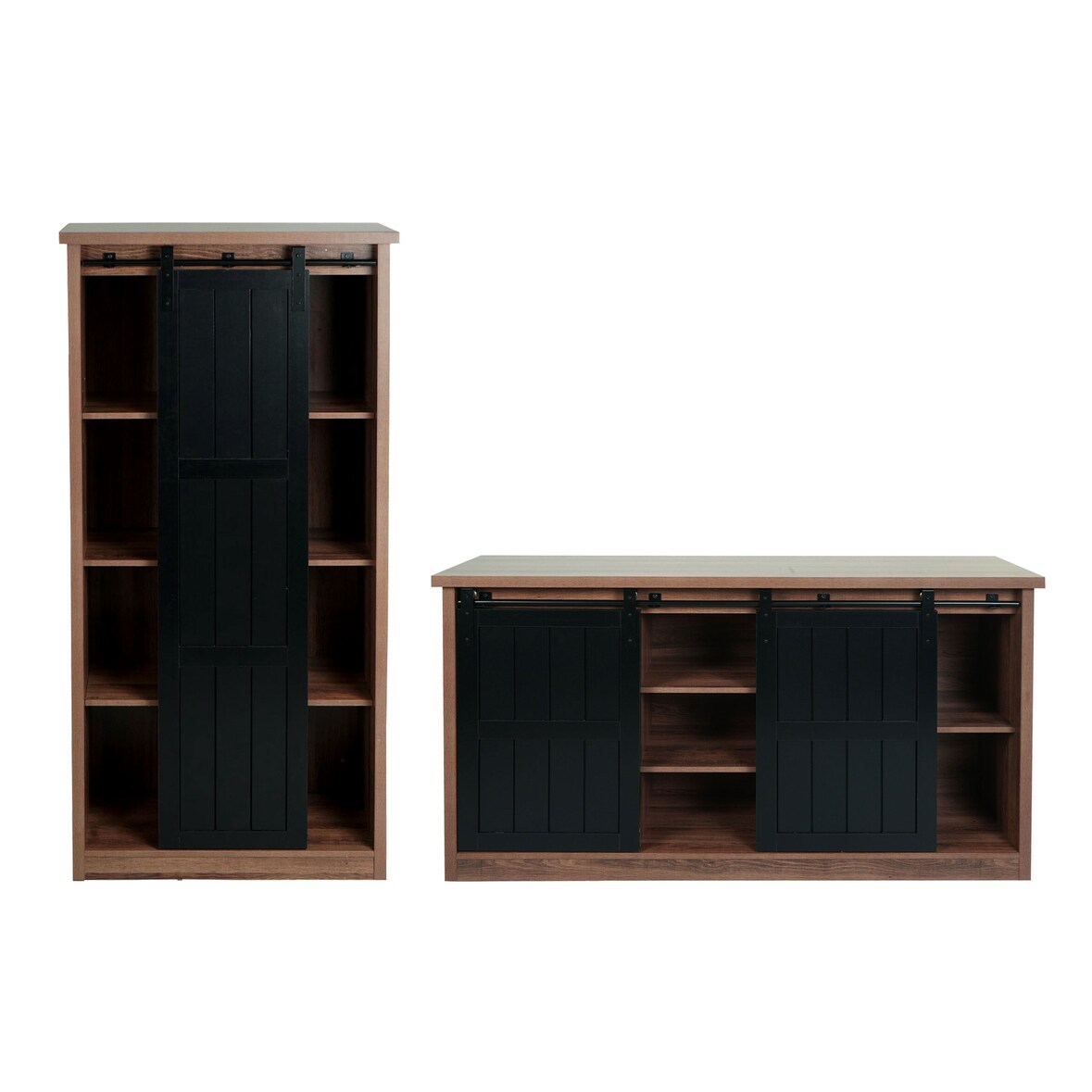 Wohnzimmerset aus Schrank und Sideboard HWC-K75, Schiebetüre Staufächer, Holz-Optik Industrial Metall ~ braun