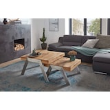 thumbnail of Vierhaus Couchtisch Wildeiche Massiv antik mit Gebrauchsspuren und Kopfholzintarsie, Metallteile edelstahlfarbig  geschliffen, 82,5/80/45 cm