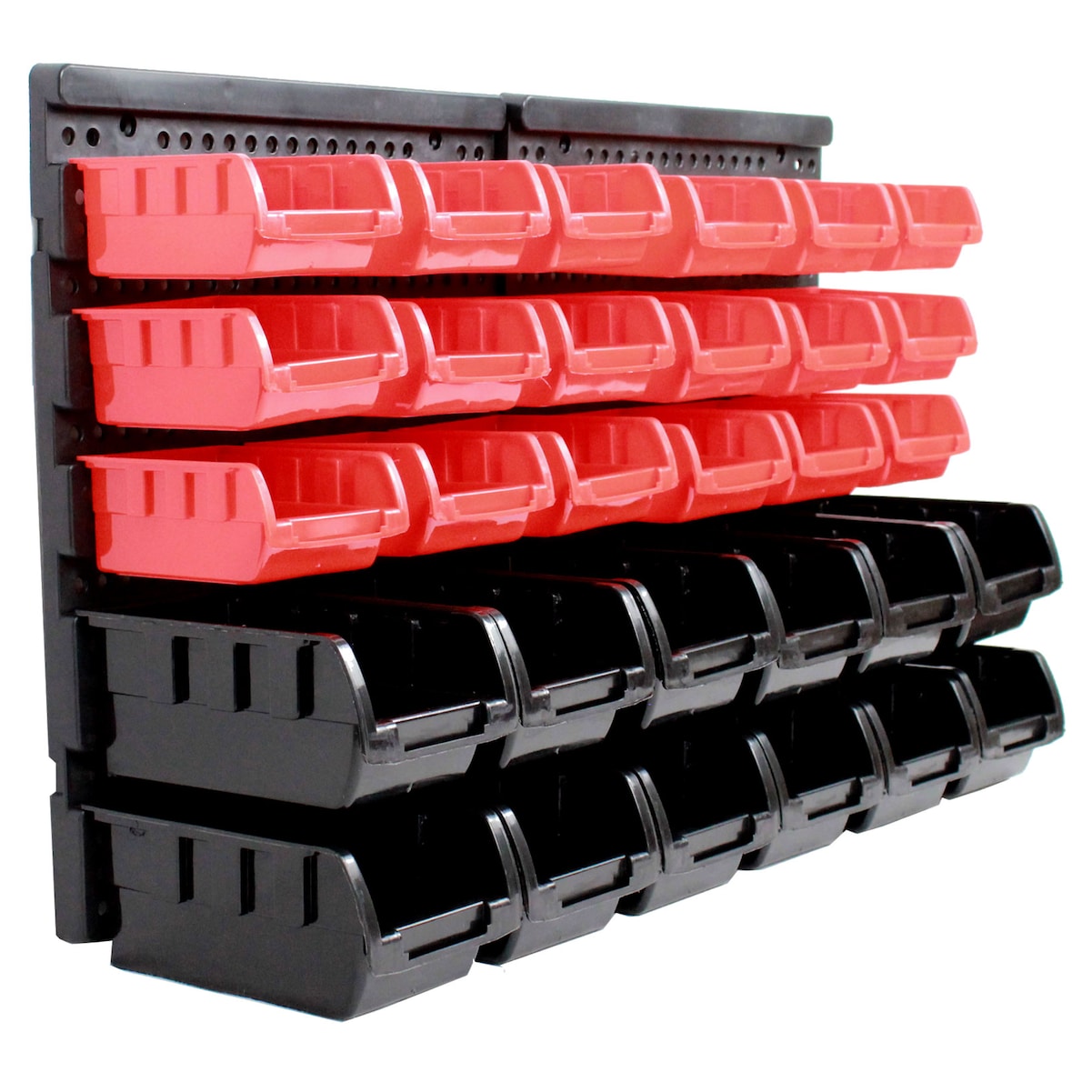 Stapelboxen mit Wandregal rot 32 tlg, Kleinteilemagazin