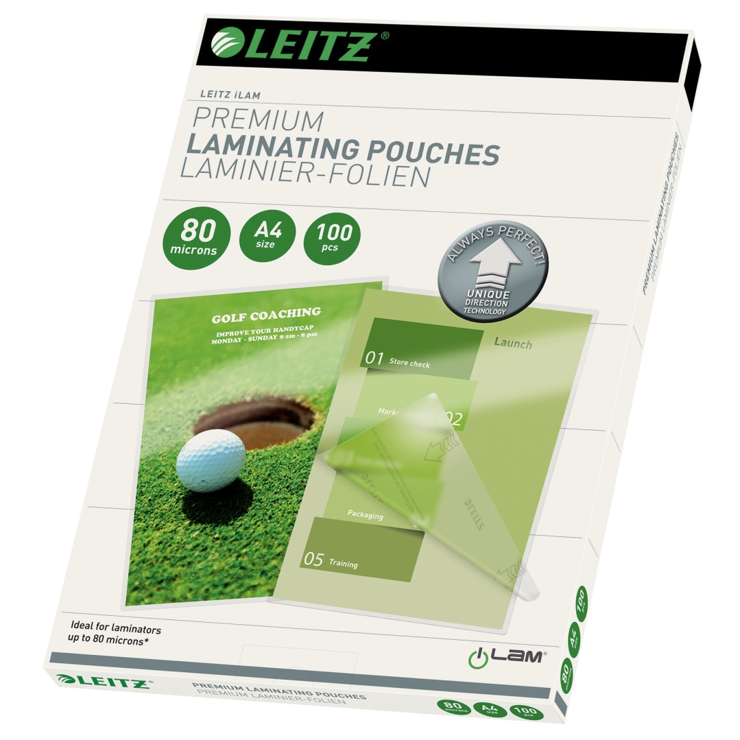Leitz, Pouch per la plastificazione UDT (Unique Direction Technology), Formato A4 (21,6 x 30,3 cm), Spessore 80 micron, 100 pezzi, 74780000