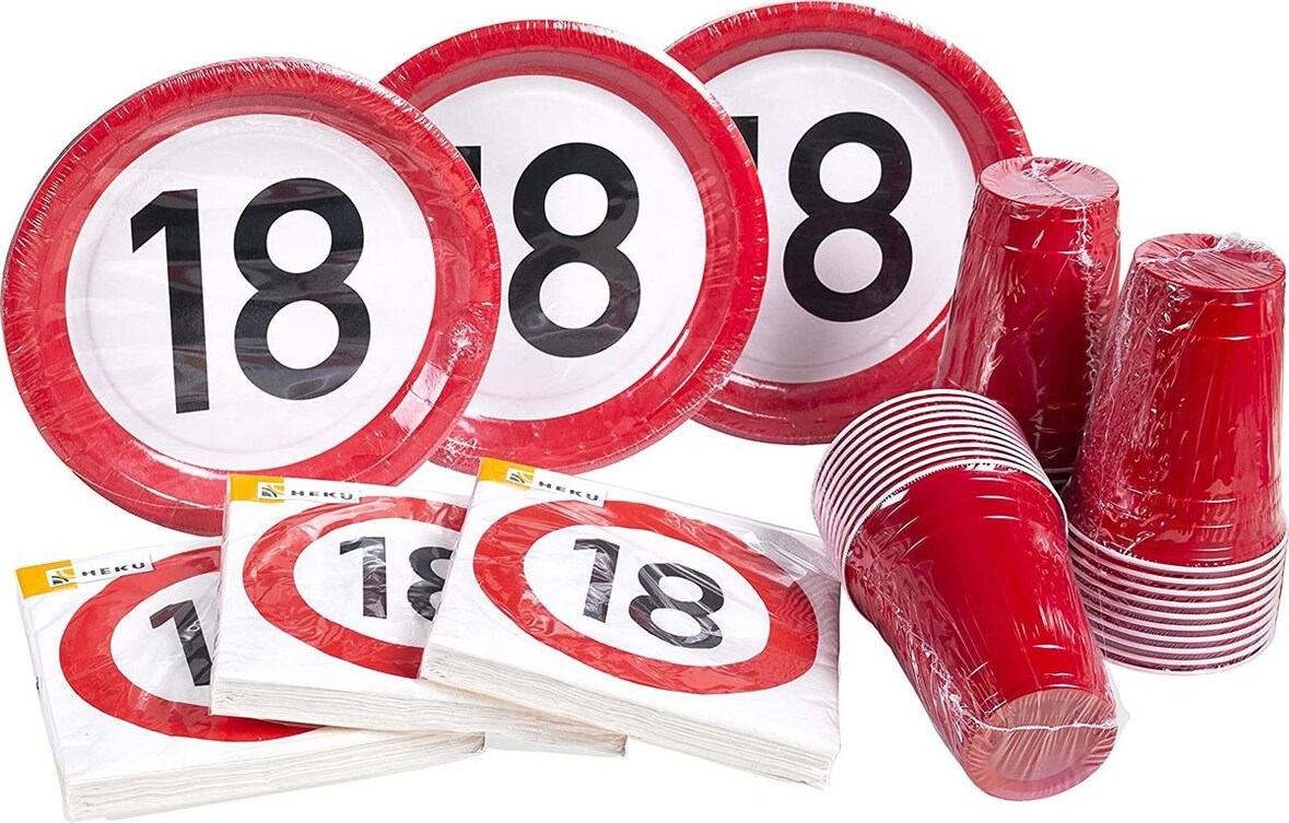 Einweggeschirr 18. Geburtstag Verkehrsschild Geburtstagsdeko Partyset Party Deko Set rot weiss Dekoration Zahl volljährig Frau Mann