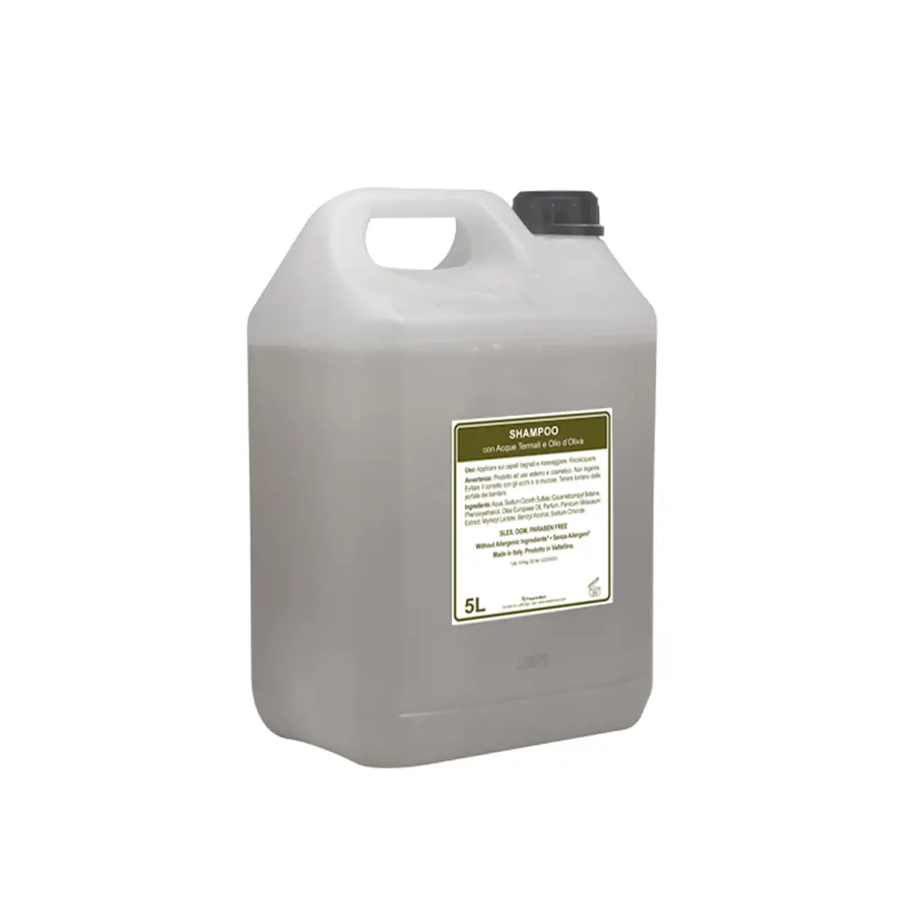 Shampoo in tanica da 5L con olio d'oliva e acque termali, della linea Beauty-oil, prodotto in Italia e senza allergeni.