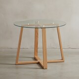 thumbnail of Massiver Eiche-Glas Couchtisch, Modernes Design, Überkreuztes Gestell. 58x58x47 cm | Kadima Design