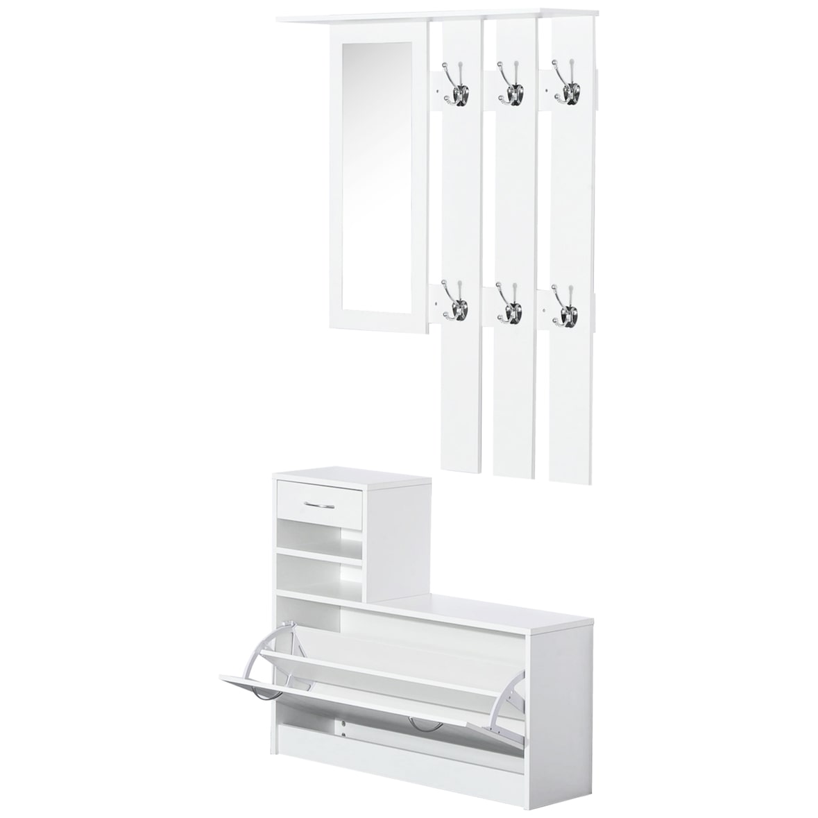 HOMCOM Móvel Cabide de Entrada de 3 Peças Armário de Entrada com Cabide Espelho Sapateira e Gaveta 90x24x116cm Branco