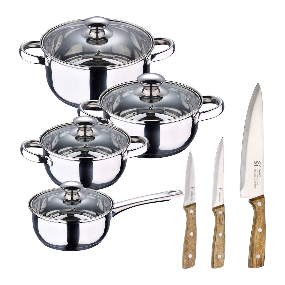 BERGNER - Batería de Cocina 7 Piezas Fabricada en Acero Inoxidable Apta para Inducción con Set de 3 Cuchillos de Acero Inoxidable