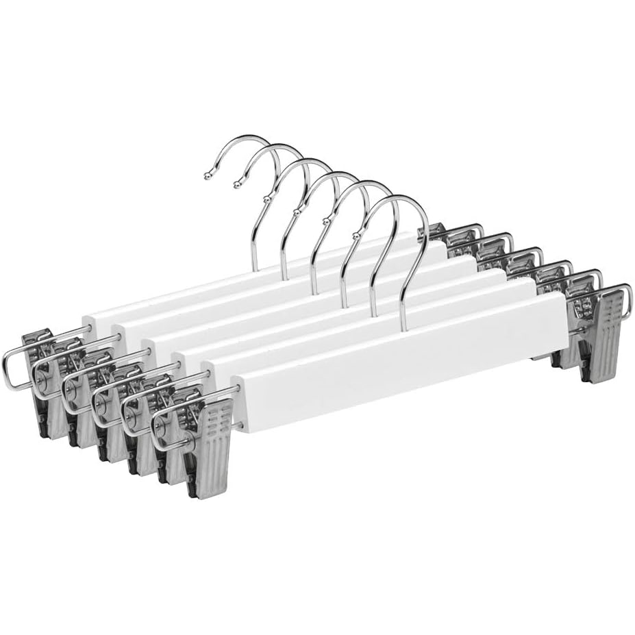 Percha de Madera Maciza | Color Blanco | Percha de Madera Maciza con Pinzas | Gancho Giratorio |Pack de 6 Unidades |