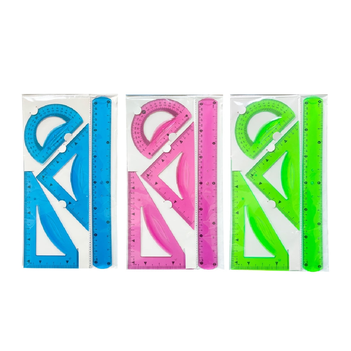LIDERPAPEL - Juego Escuadra 10 cm Cartabón 14 cm Regla 30 cm y Semicírculo Flexible en Funda. Colores