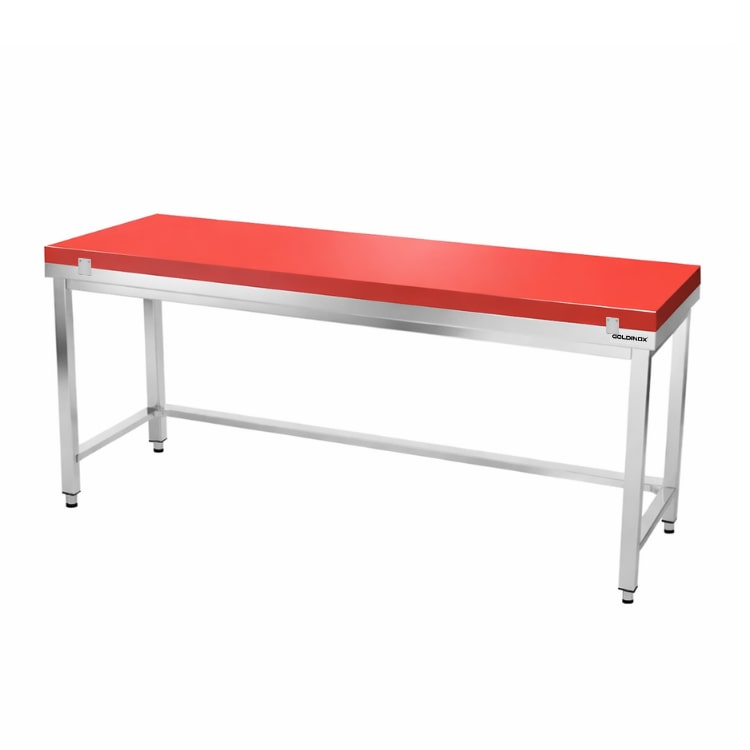 Mesa de trabajo de acero inoxidable 2000x500 mm con placa de corte roja y refuerzo PREMIUM - GOLDINOX