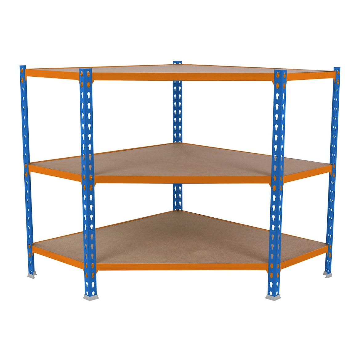 Maderclick Eckregal aus Metall ohne Schrauben, 3 Böden. Farbe BLAU/ORANGE/HOLZ 900x900x400 mm