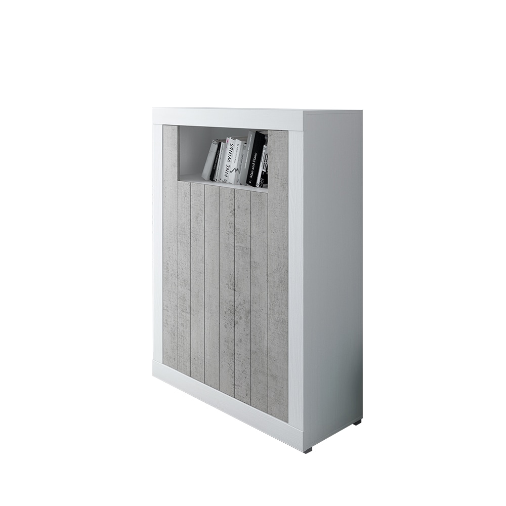 Credenza Alta con 2 Ante Vano A Giorno Madia Soggiorno Cucina Mobile Moderno Multi Spazio e Ripiani Credenza 110x144x42 Cm Bianco e Grigio Cemento