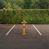 thumbnail of Relaxdays Absperrpfosten, klappbar, Stahl, Parkplatz Absperrung, H: 65 cm, abschließbar, eckiger Parkpfosten, weiß/rot