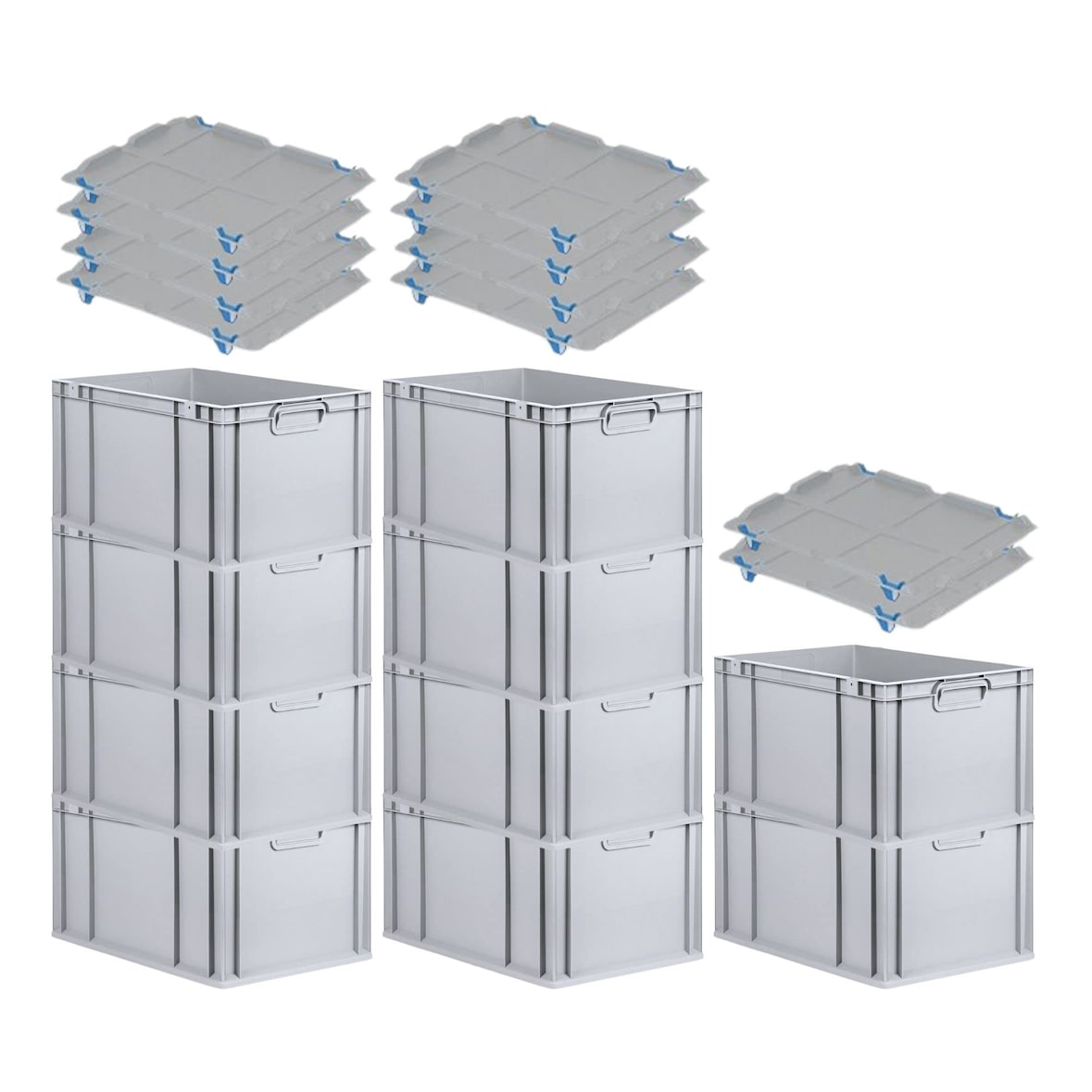 PROREGAL SparSet 10x Eurobox NextGen Economy mit Auflagedeckel & 4x Verschlüsse Blau, Griffe zu, HxBxT 32x40x60cm, 65L, Eurobehälter, Box