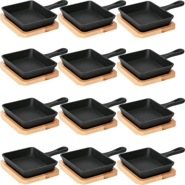 12x WAS Germany Mini Servierpfanne mit Holzuntersetzer und Stielgriff 12,5 x 10,5 x 2,5 cm Gusseisen